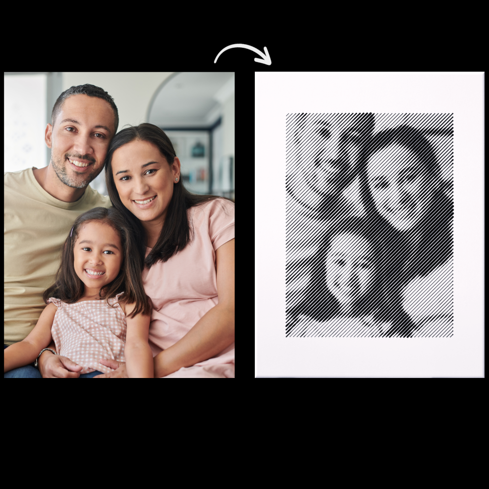 Vorher-Nachher-Vergleich: Links ein Familienportrait, rechts eine präzise Fotogravur des Bildes.