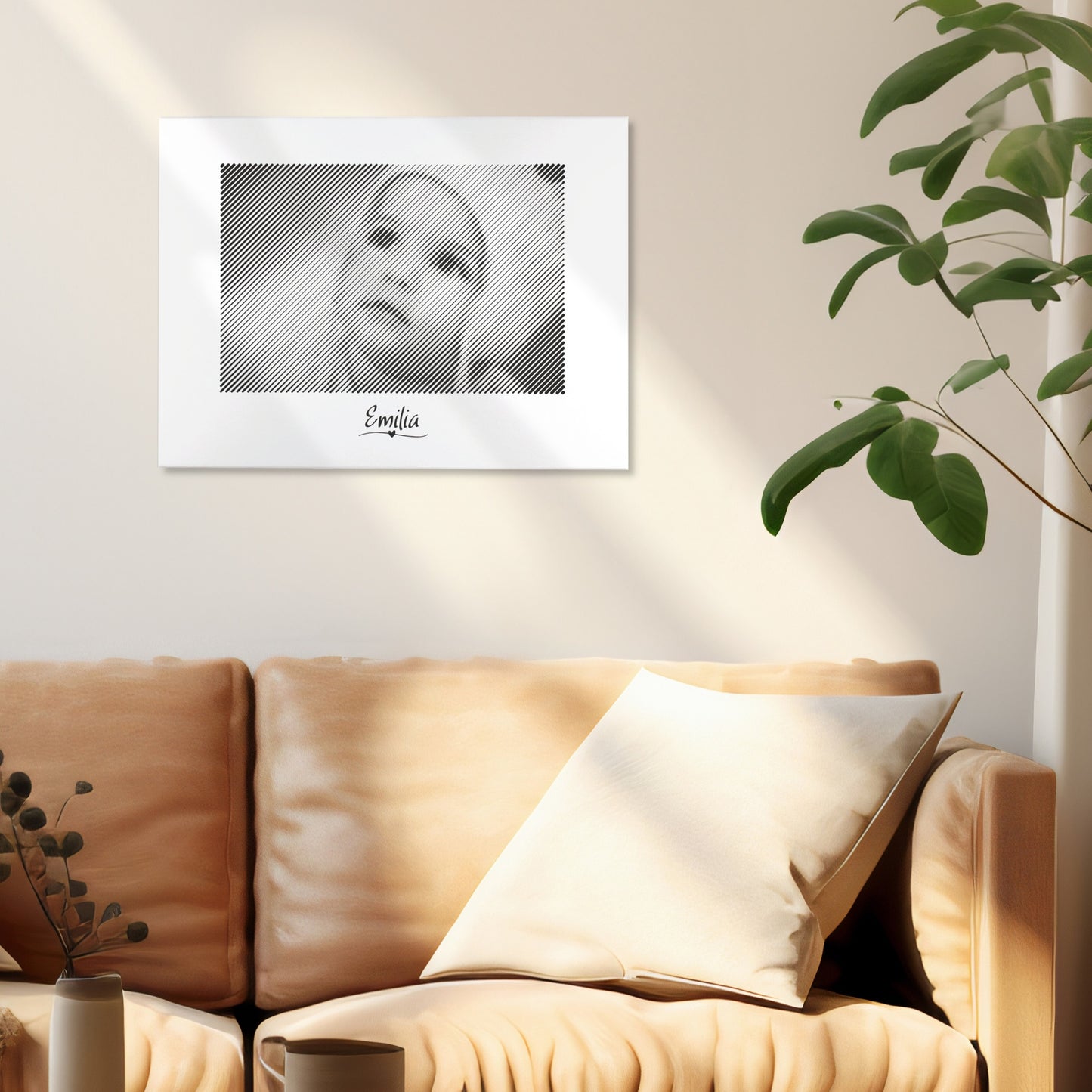 Fotogravur als Wandbild im Wohnzimmer – ein wunderbares Fotogeschenk zum Baby, das kostbare Erinnerungen an den ersten Lebensabschnitt bewahrt.