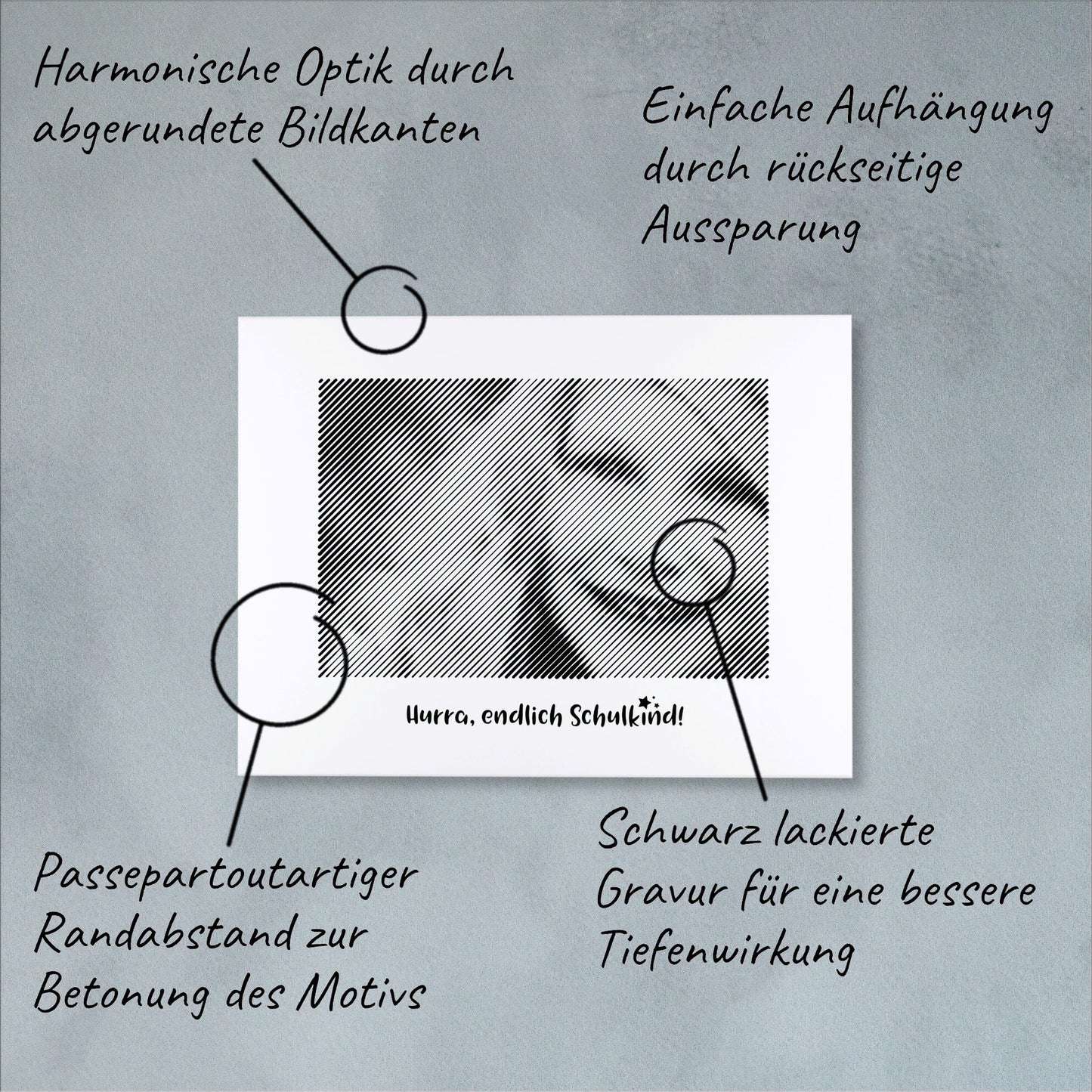 Technische Details einer Fotogravur: Präzise Verarbeitung für ein einzigartiges Fotogeschenk zur Einschulung – unvergessliche Erinnerung.