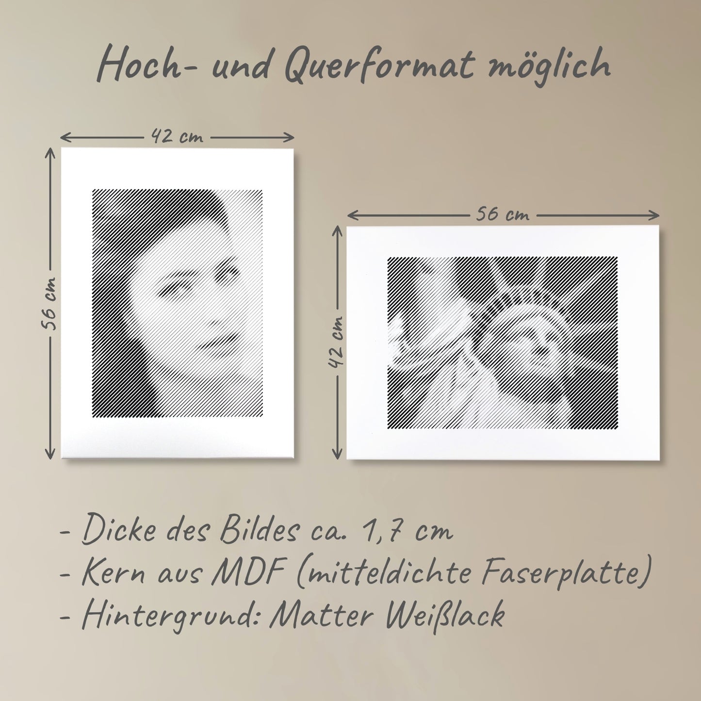 Zwei Fotogravuren: Eine im Hochformat und eine im Querformat – perfekte Fotogeschenke für besondere Anlässe und bleibende Erinnerungen.