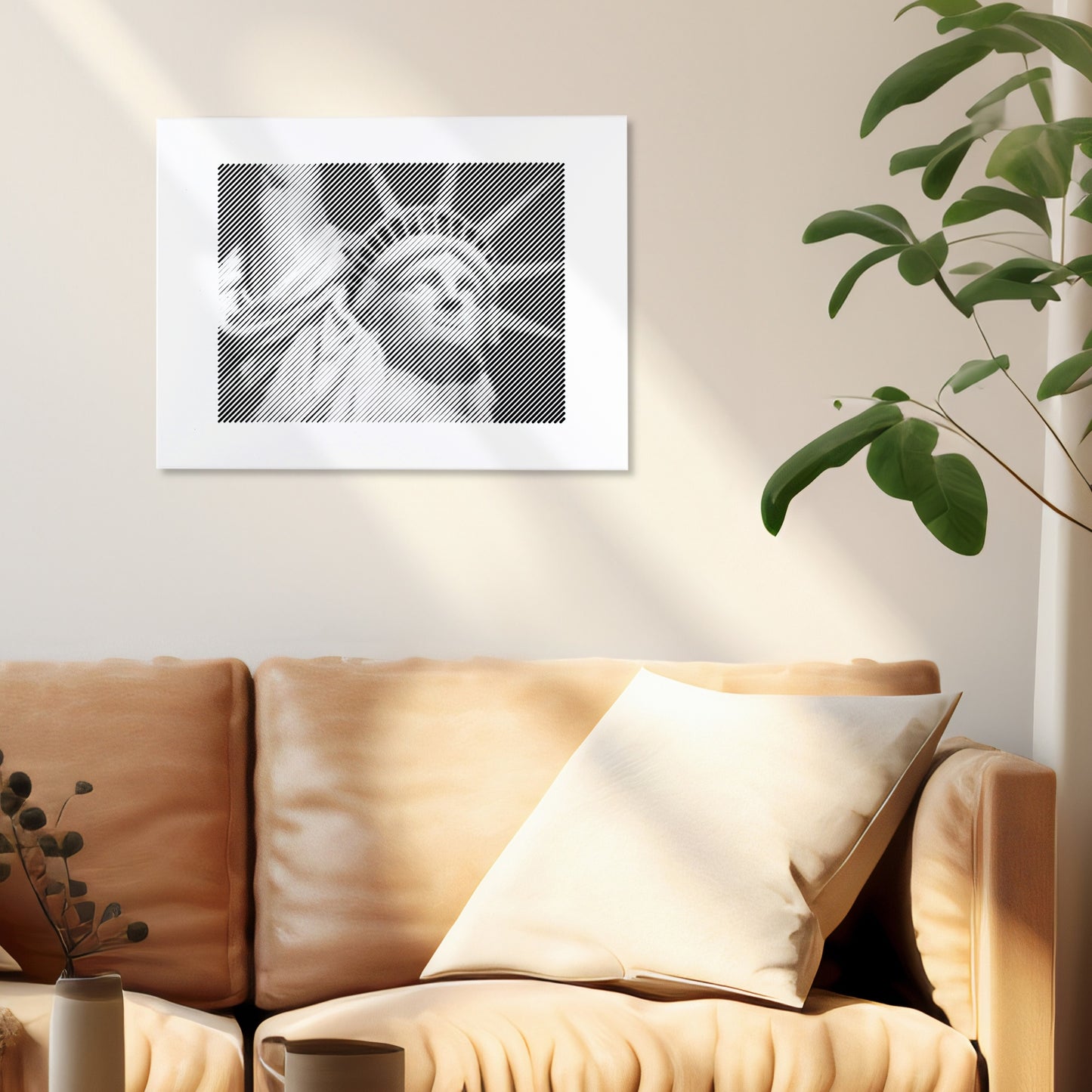 Fotogravur als Wandbild im Wohnzimmer – ein einzigartiges Fotogeschenk, das besondere Momente festhält und für eine stilvolle Atmosphäre sorgt.
