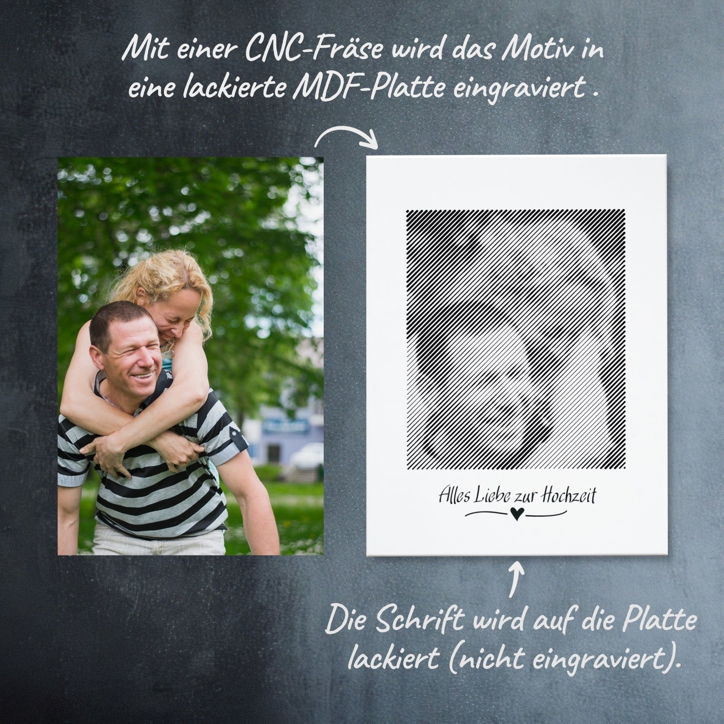Vorher-Nachher-Vergleich: Wie aus einem Foto ein schwarz-weißes Fotogeschenk zur Hochzeit als Fotogravur wird – eine bleibende Erinnerung.