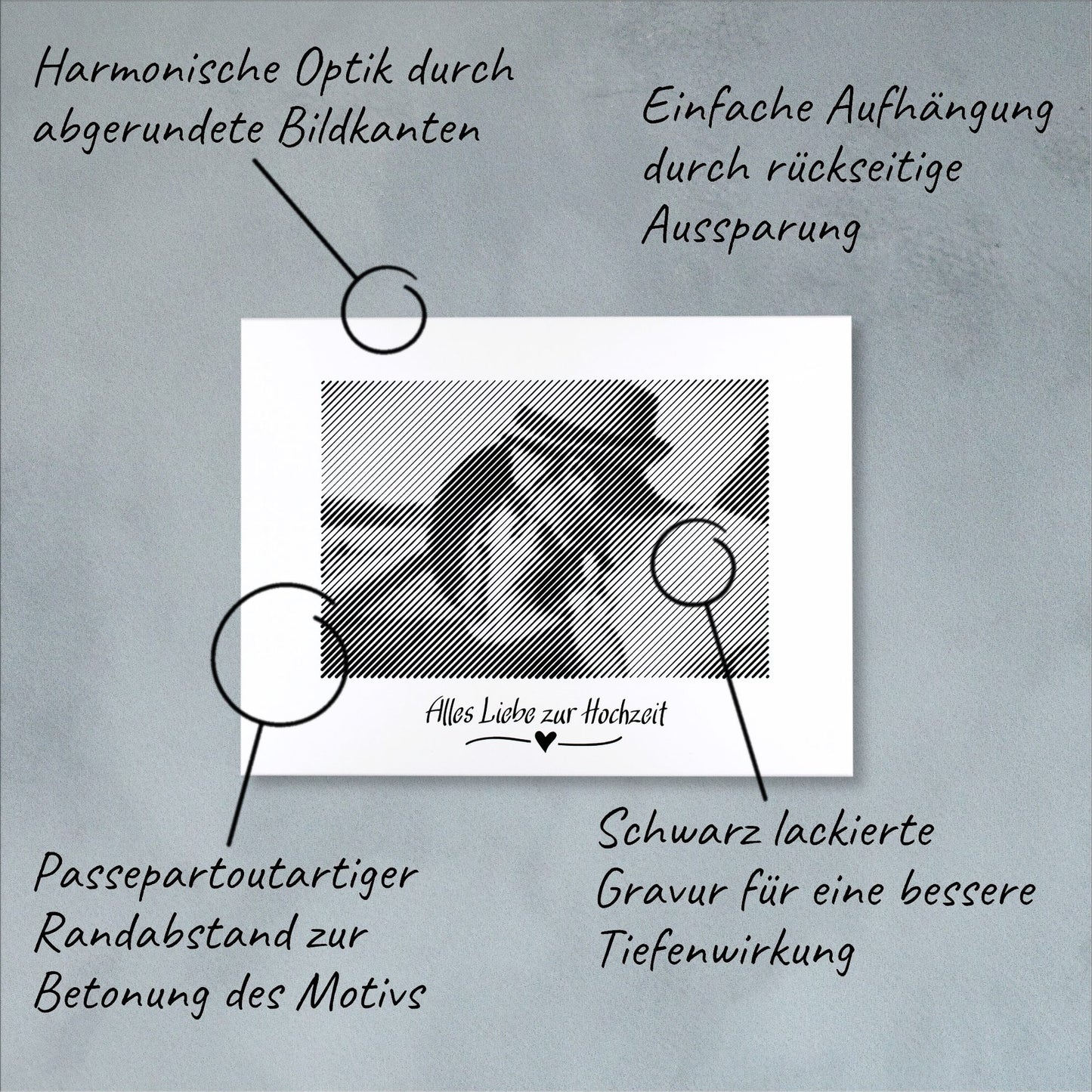 Technische Details einer Fotogravur: Präzise Verarbeitung für ein einzigartiges Fotogeschenk zur Hochzeit – bleibende Erinnerung an den großen Tag.