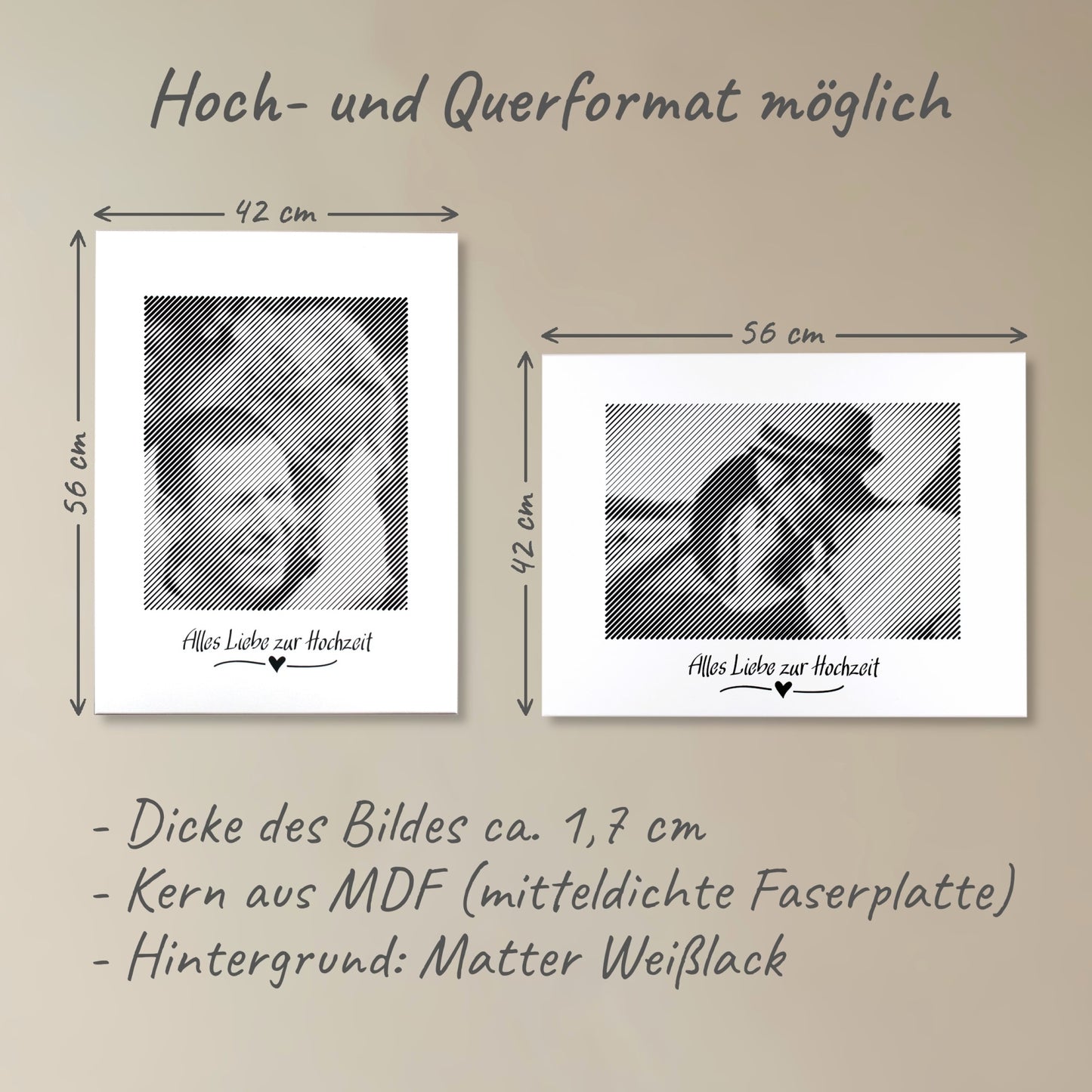 Zwei Fotogravuren: Eine im Hochformat und eine im Querformat – perfekte Fotogeschenke zur Hochzeit für unvergessliche Erinnerungen.