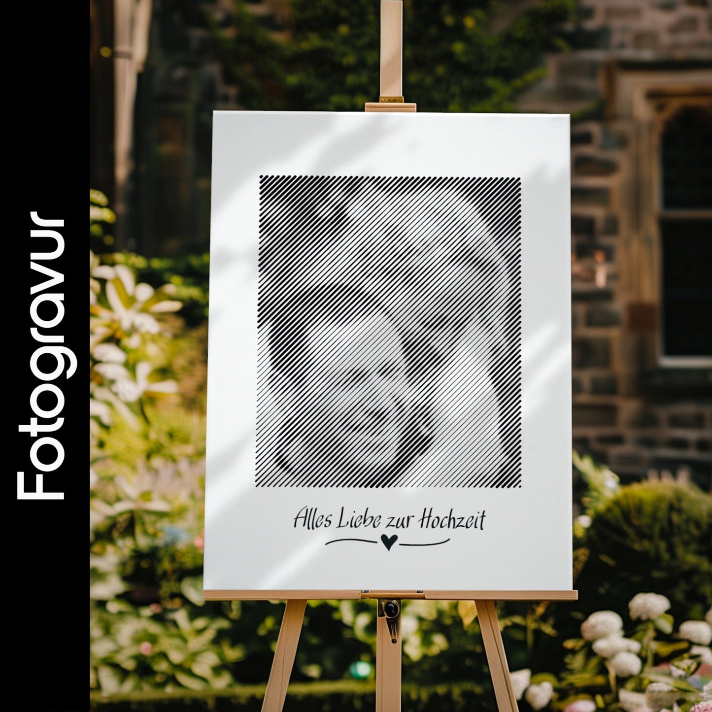 Schwarz-weißes Wandbild im Hochformat, als Fotogravur erstellt – das ideale Fotogeschenk zur Hochzeit für unvergessliche Momente.