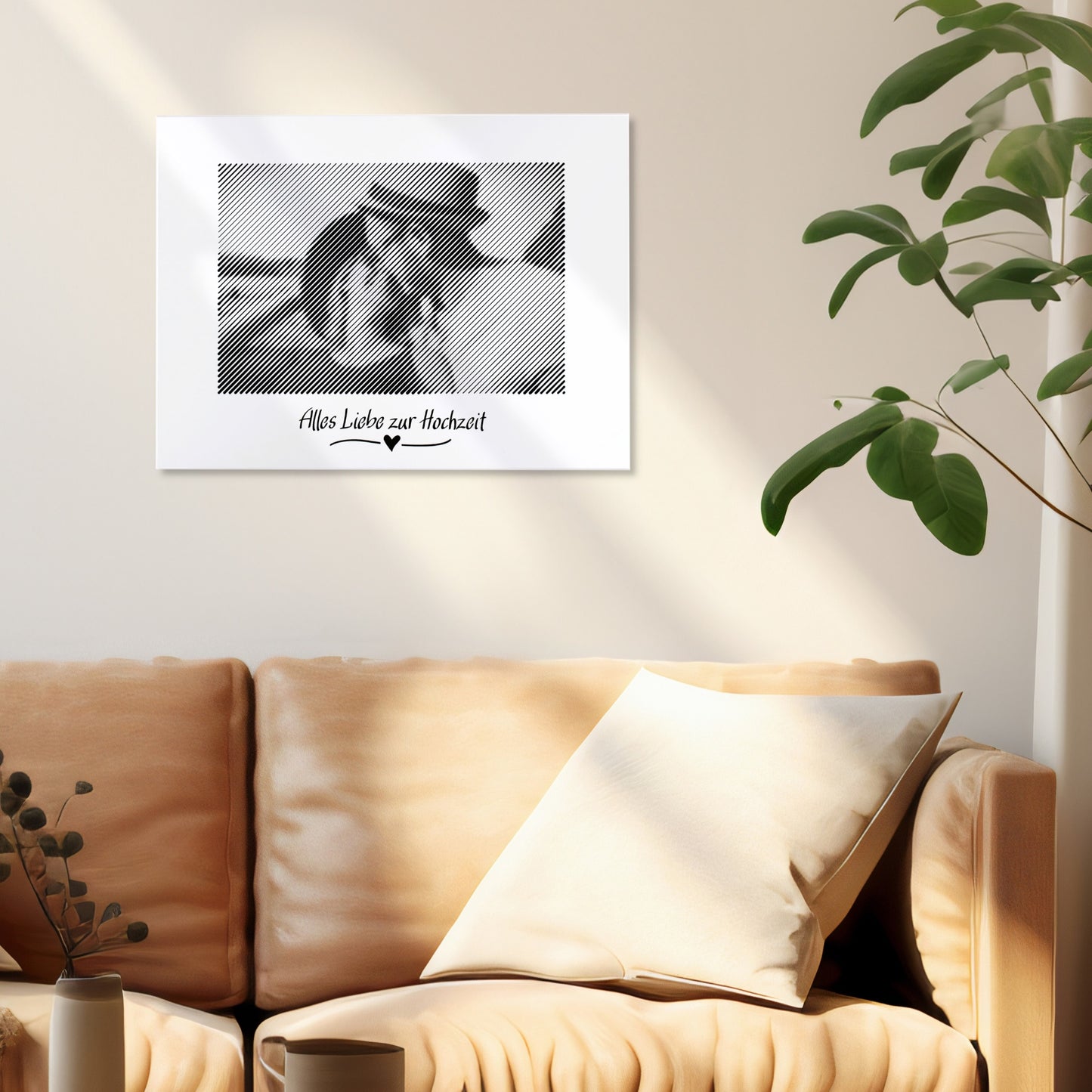 Fotogravur als Wandbild im Wohnzimmer – ein einzigartiges Fotogeschenk zur Hochzeit, das besondere Erinnerungen an den großen Tag bewahrt.