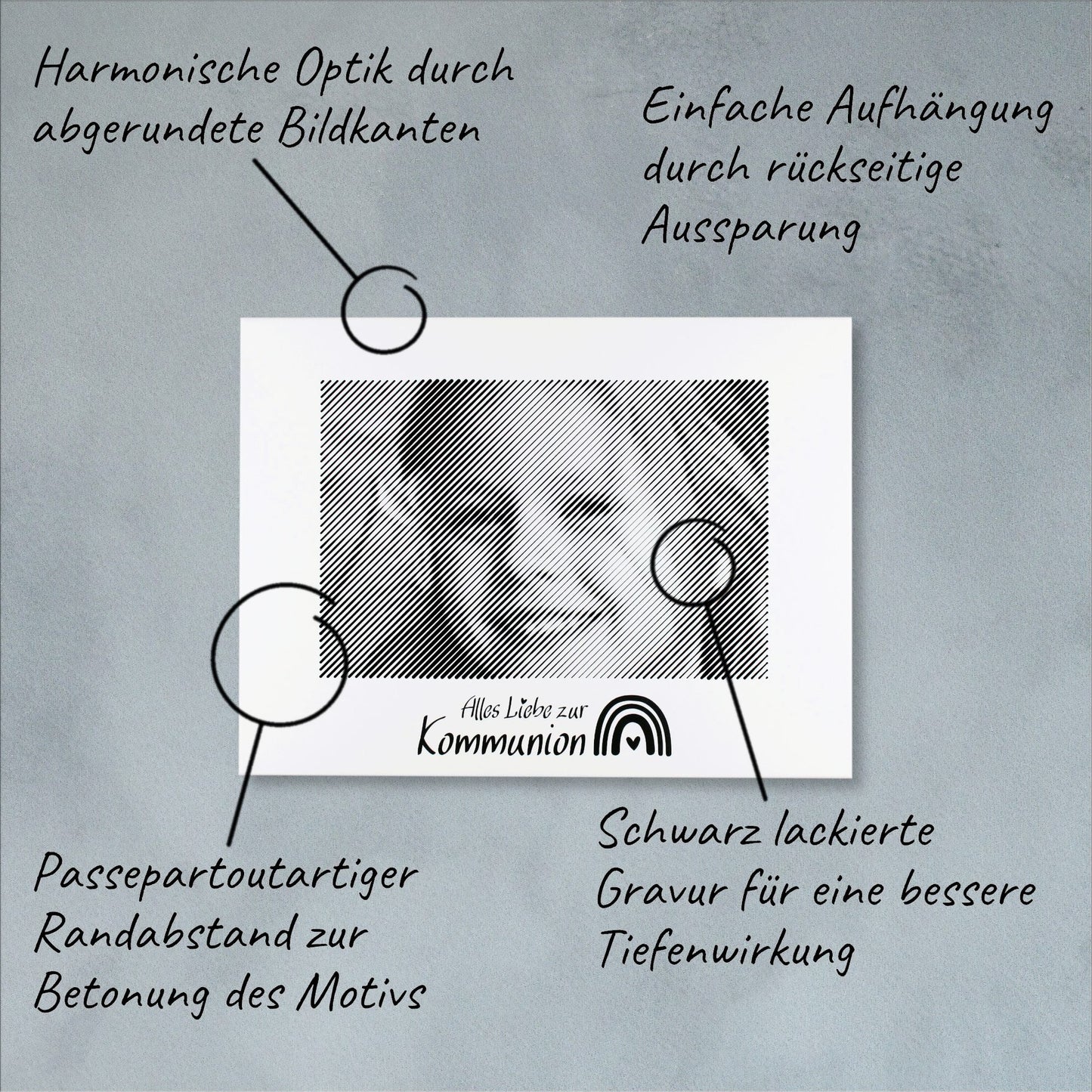 Technische Details einer Fotogravur: Präzise Verarbeitung für ein einzigartiges Fotogeschenk zur Kommunion – eine bleibende Erinnerung.