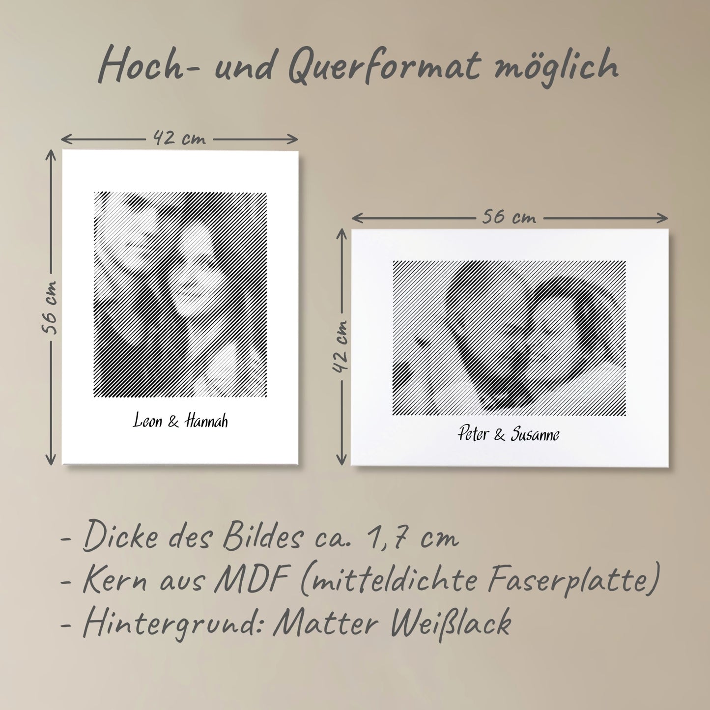 Zwei Fotogravuren: Eine im Hochformat und eine im Querformat – perfekte Fotogeschenke für Paare, ideal für besondere Anlässe.