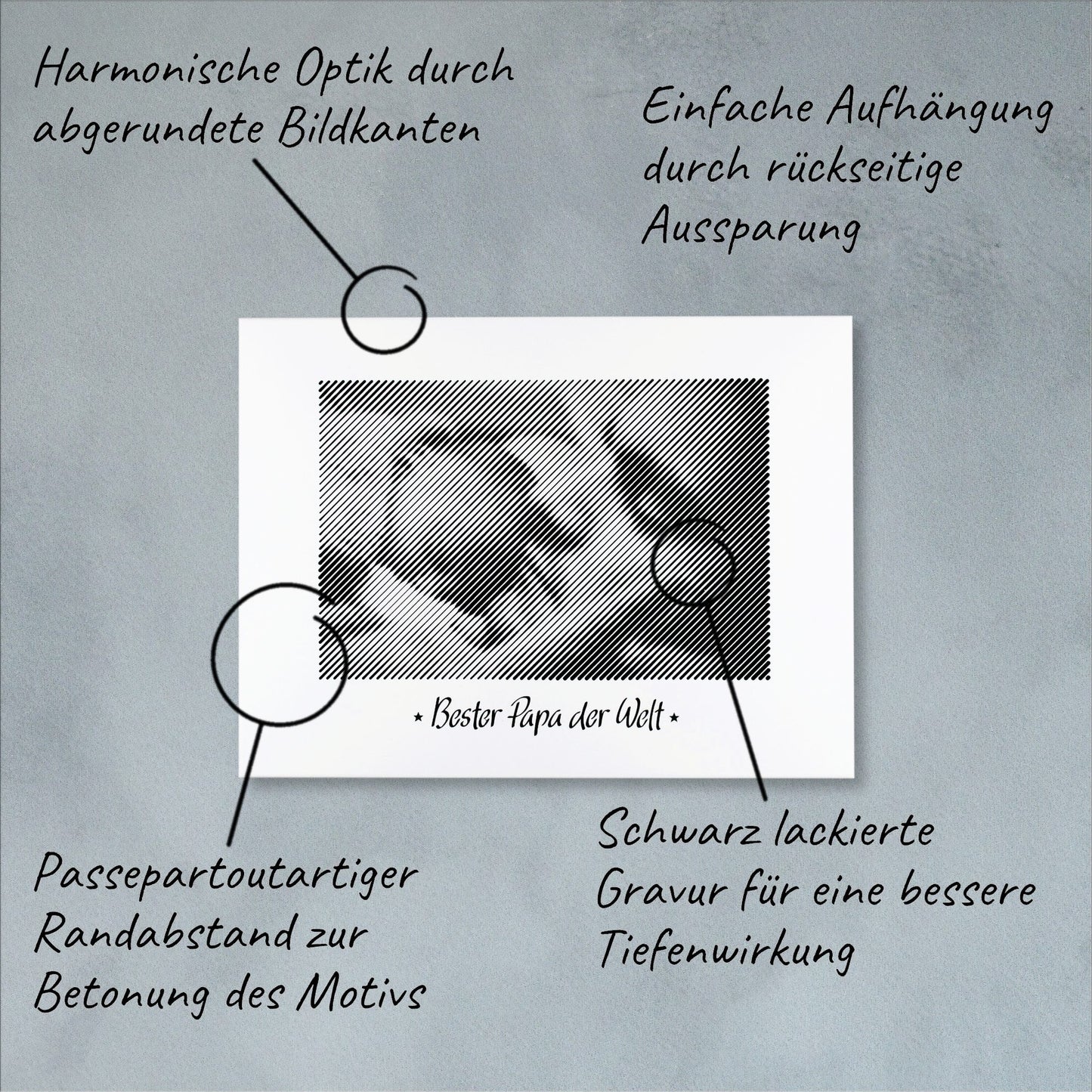 Technische Details einer Fotogravur: Präzise Verarbeitung für ein einzigartiges Fotogeschenk zum Vatertag – bleibende Erinnerung.