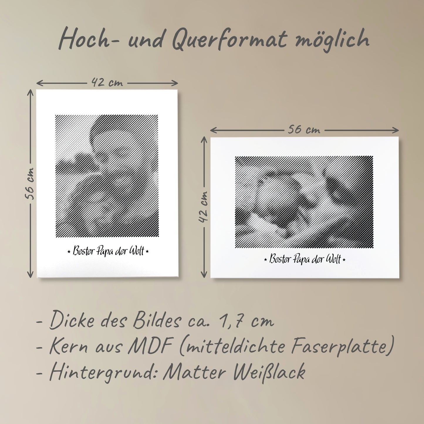 Zwei Fotogravuren: Eine im Hochformat und eine im Querformat – perfekte Fotogeschenke zum Vatertag für unvergessliche Erinnerungen.