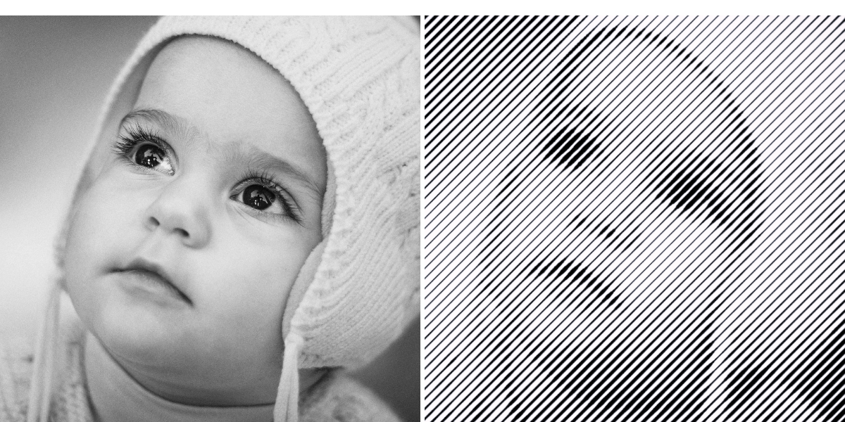 Vorher-Nachher-Vergleich: Links das Foto eines Babys, rechts eine detaillierte Fotogravur des Bildes auf hochwertigem Material.