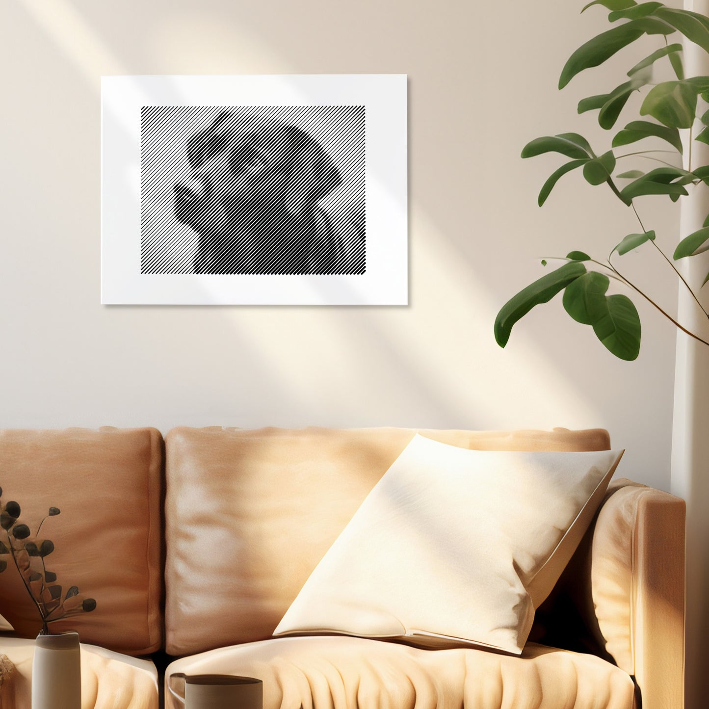 Fotogravur als Wandbild im Wohnzimmer – ein liebevolles Haustierportrait, das besondere Erinnerungen an Ihr geliebtes Haustier bewahrt.