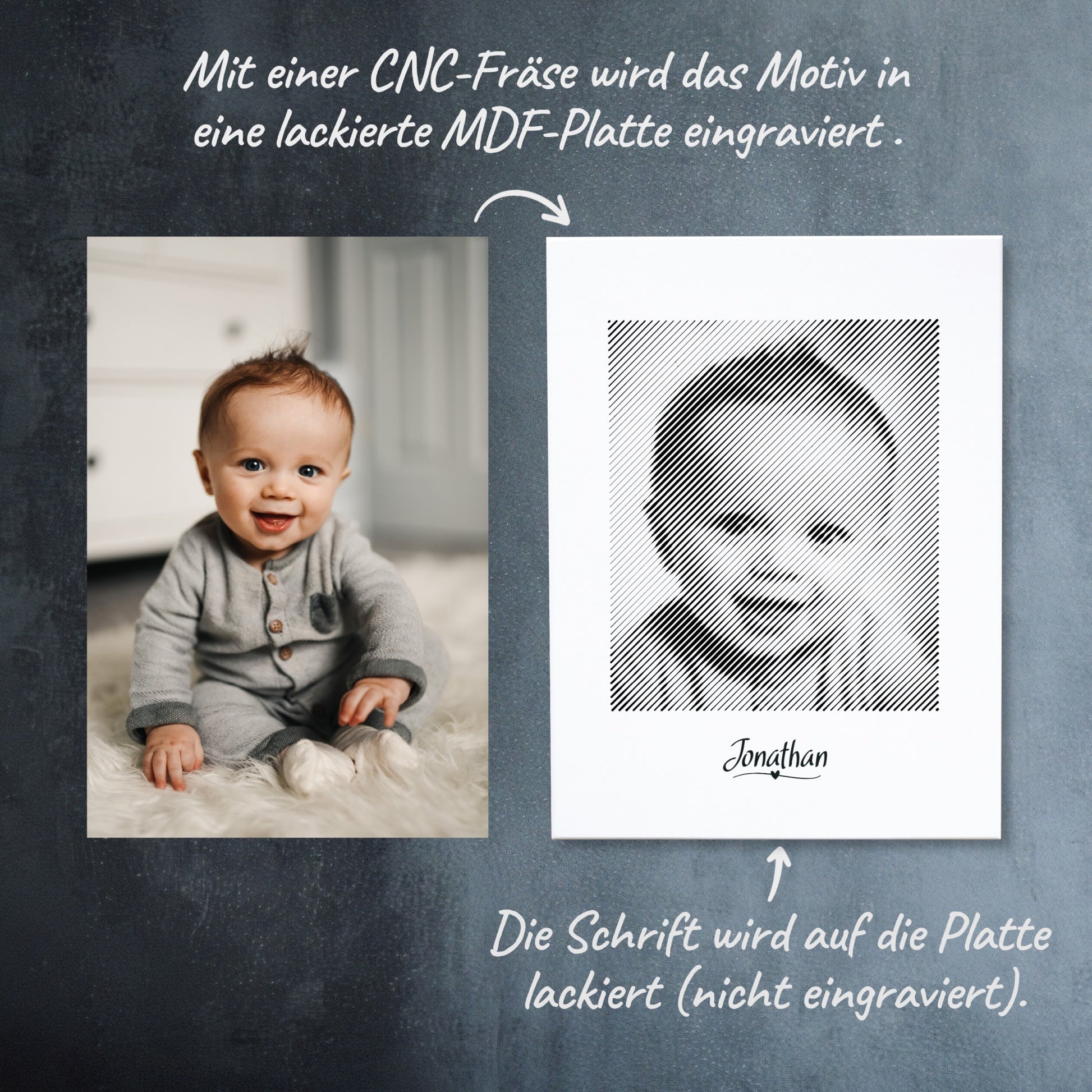 Vorher-Nachher-Vergleich: Wie aus einem Foto ein schwarz-weißes Fotogeschenk zum Baby als Fotogravur wird – ein einzigartiges Andenken.