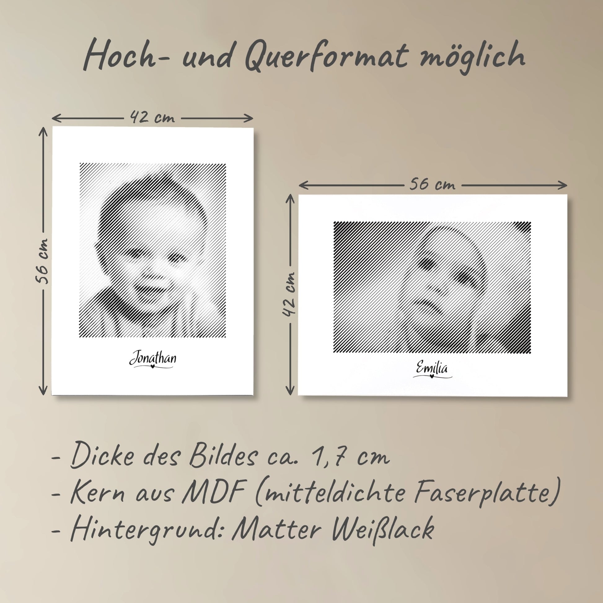 Zwei Fotogravuren: Eine im Hochformat und eine im Querformat – perfekte Fotogeschenke zum Baby für unvergessliche Momente.