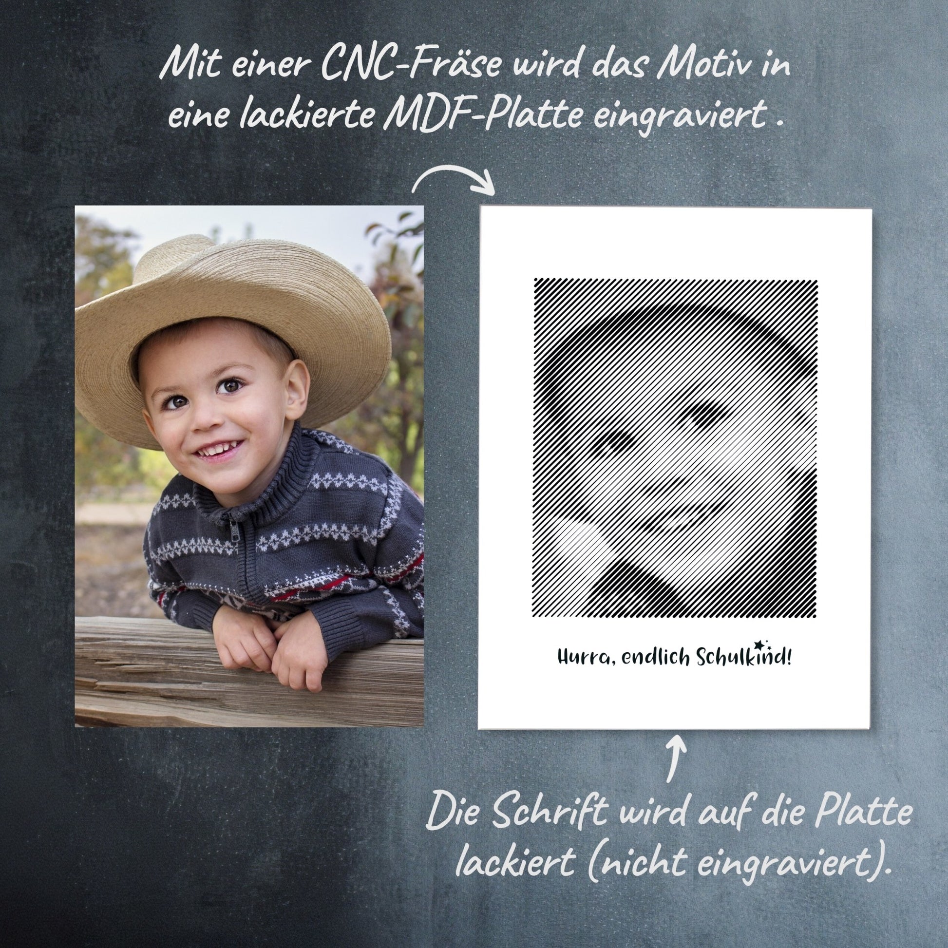 Vorher-Nachher-Vergleich: Wie aus einem Foto ein schwarz-weißes Fotogeschenk zur Einschulung als Fotogravur wird – ein besonderes Andenken.