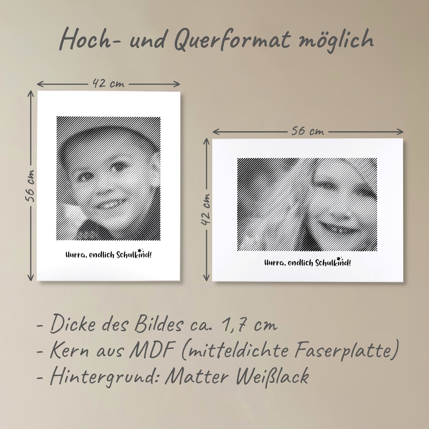 Zwei Fotogravuren: Eine im Hochformat und eine im Querformat – ideale Fotogeschenke zur Einschulung für bleibende Erinnerungen.