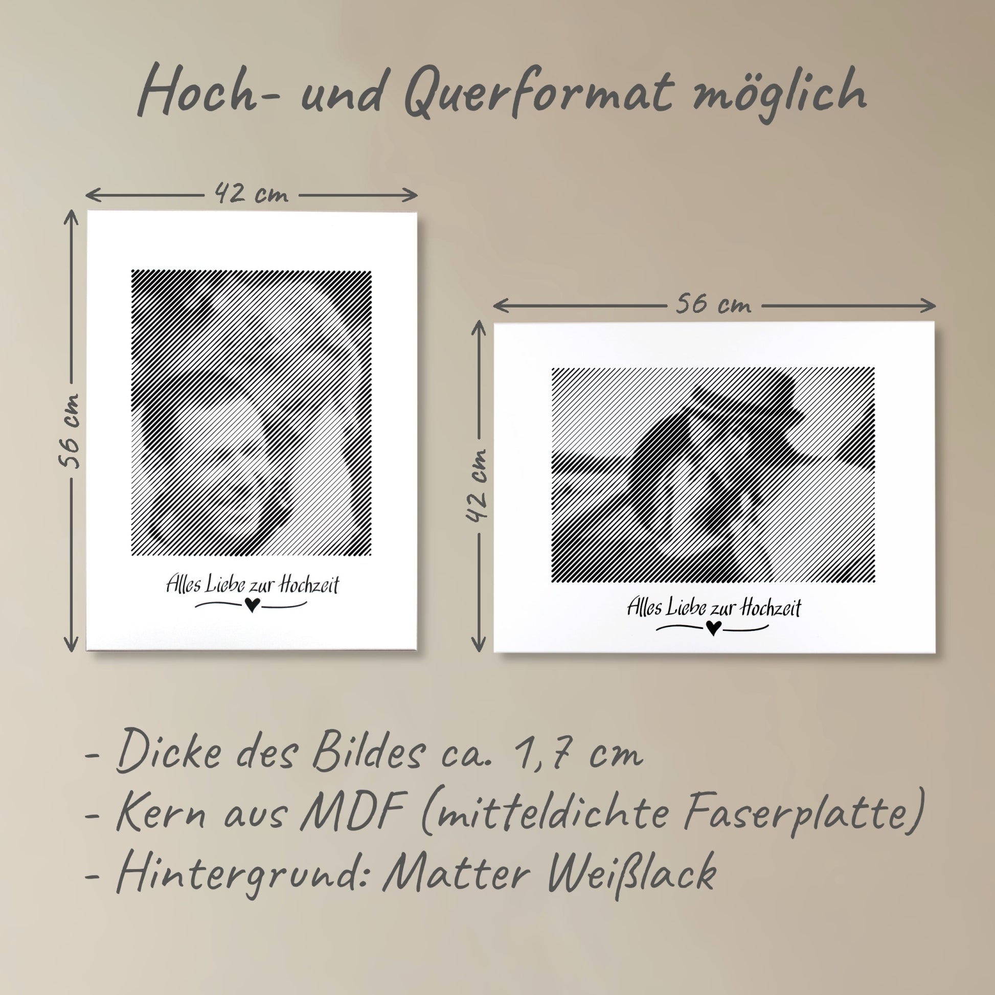 Zwei Fotogravuren: Eine im Hochformat und eine im Querformat – perfekte Fotogeschenke zur Hochzeit für unvergessliche Erinnerungen.