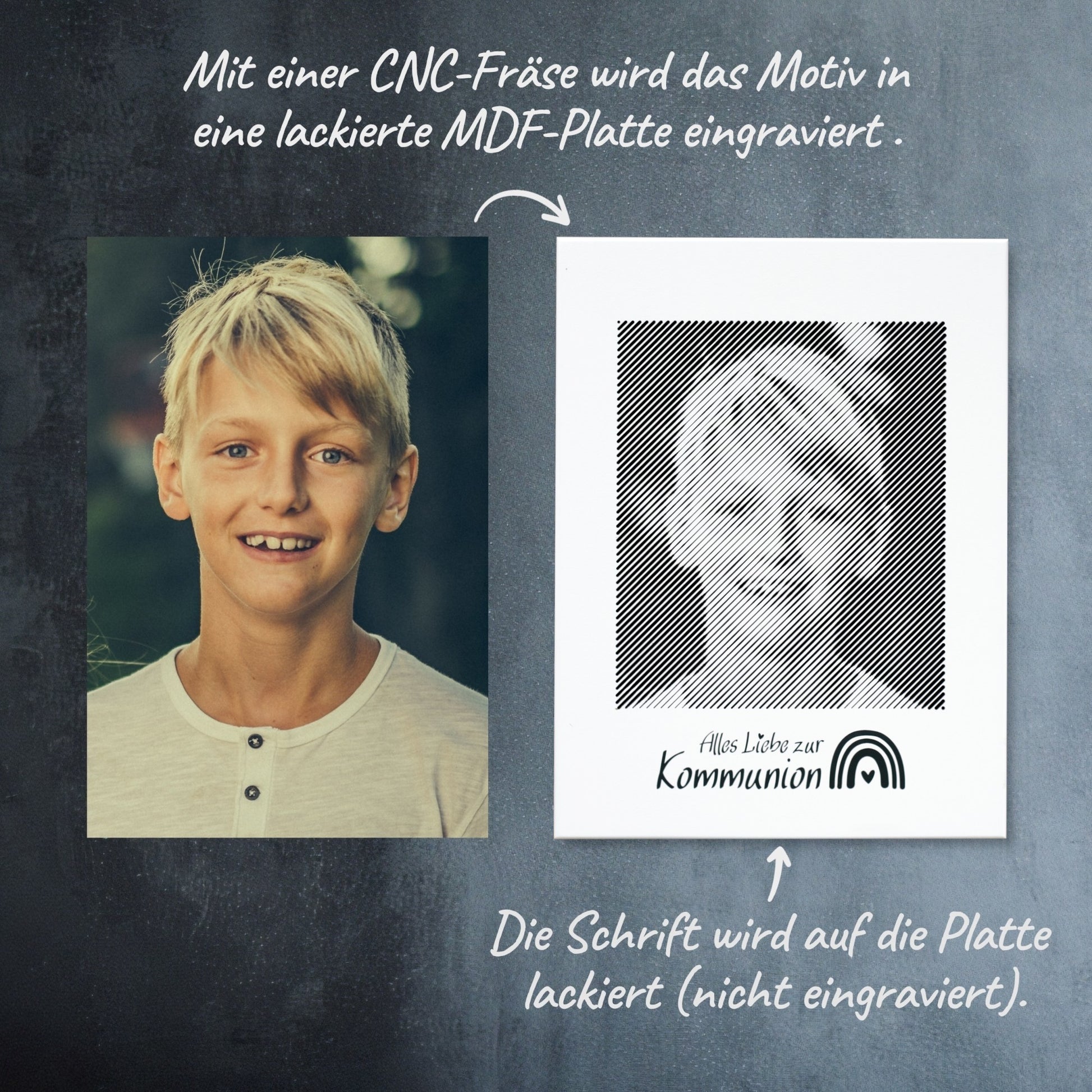 Vorher-Nachher-Vergleich: Wie aus einem Foto ein schwarz-weißes Fotogeschenk zur Kommunion als Fotogravur wird – ein einzigartiges Andenken.