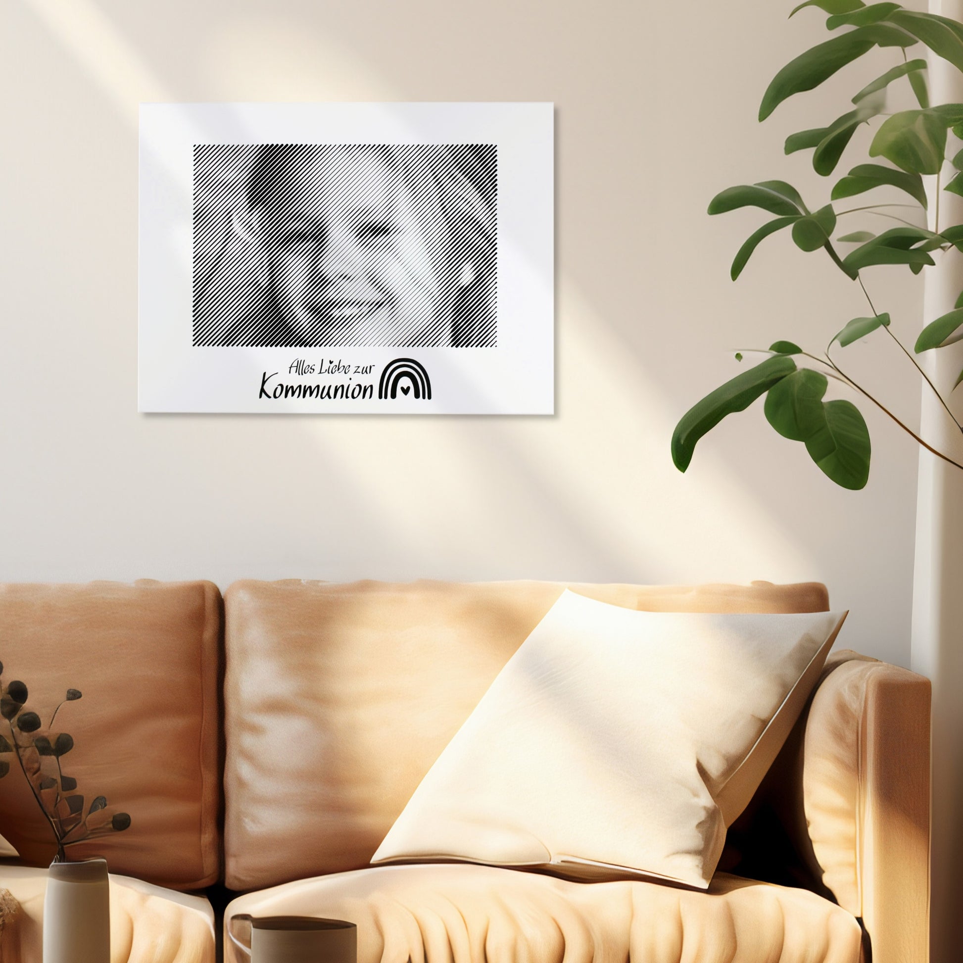 Fotogravur als Wandbild im Wohnzimmer – ein besonders persönliches Fotogeschenk zur Kommunion, das wertvolle Erinnerungen für immer bewahrt.