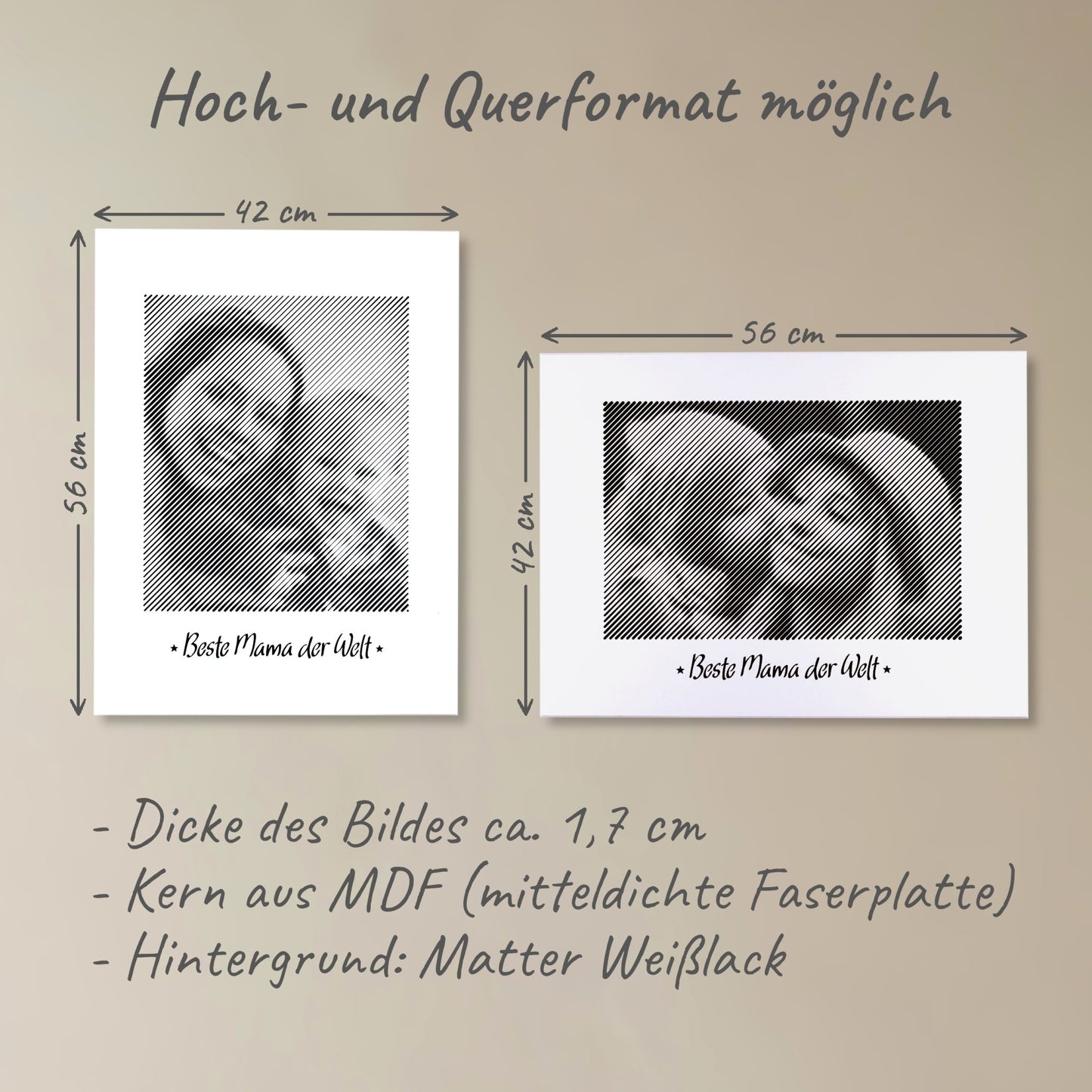 Zwei Fotogravuren: Eine im Hochformat und eine im Querformat – ideale Fotogeschenke zum Muttertag für unvergessliche Erinnerungen.