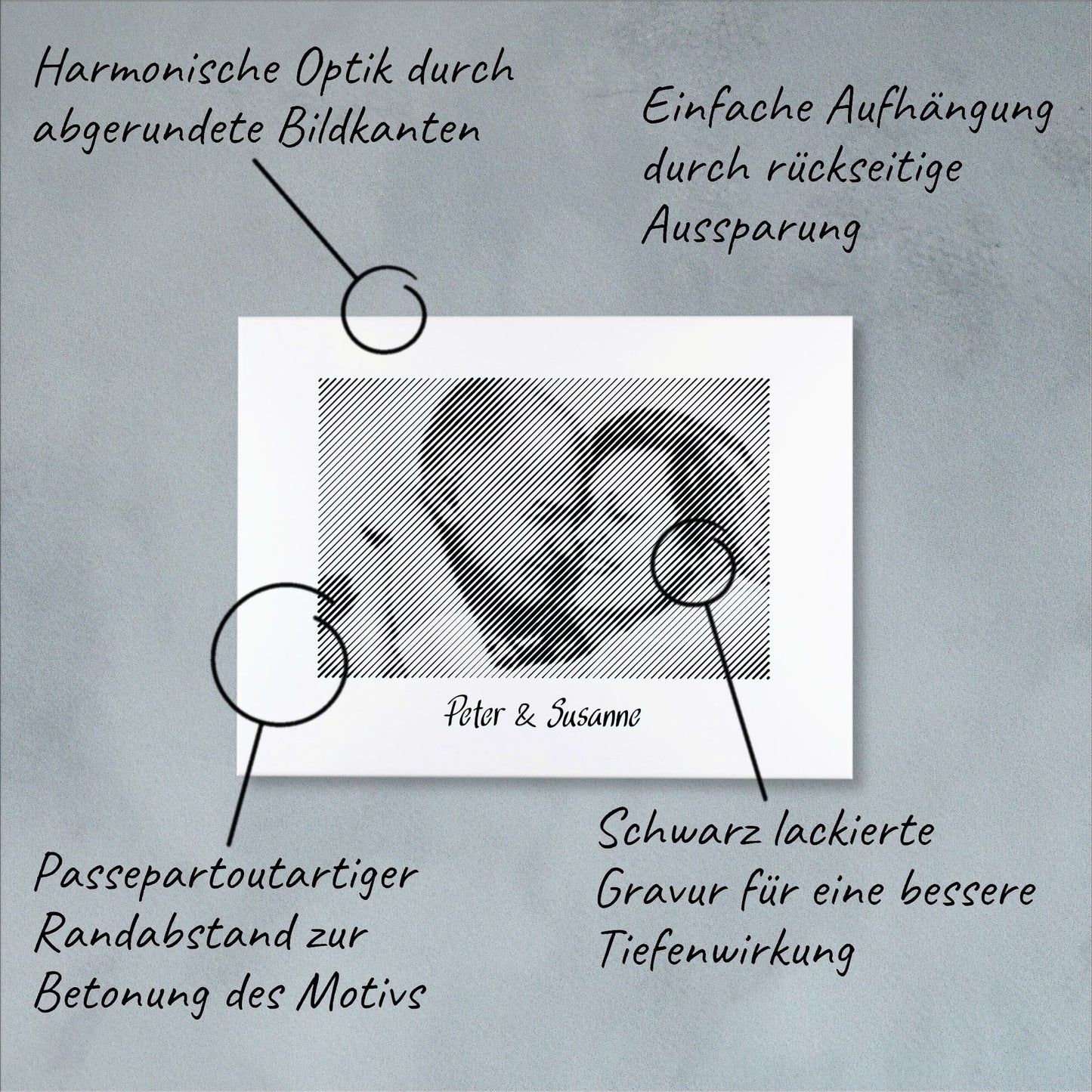 Technische Details einer Fotogravur: Präzise Verarbeitung für ein einzigartiges Fotogeschenk für Paare – bleibende Erinnerung an besondere Momente.