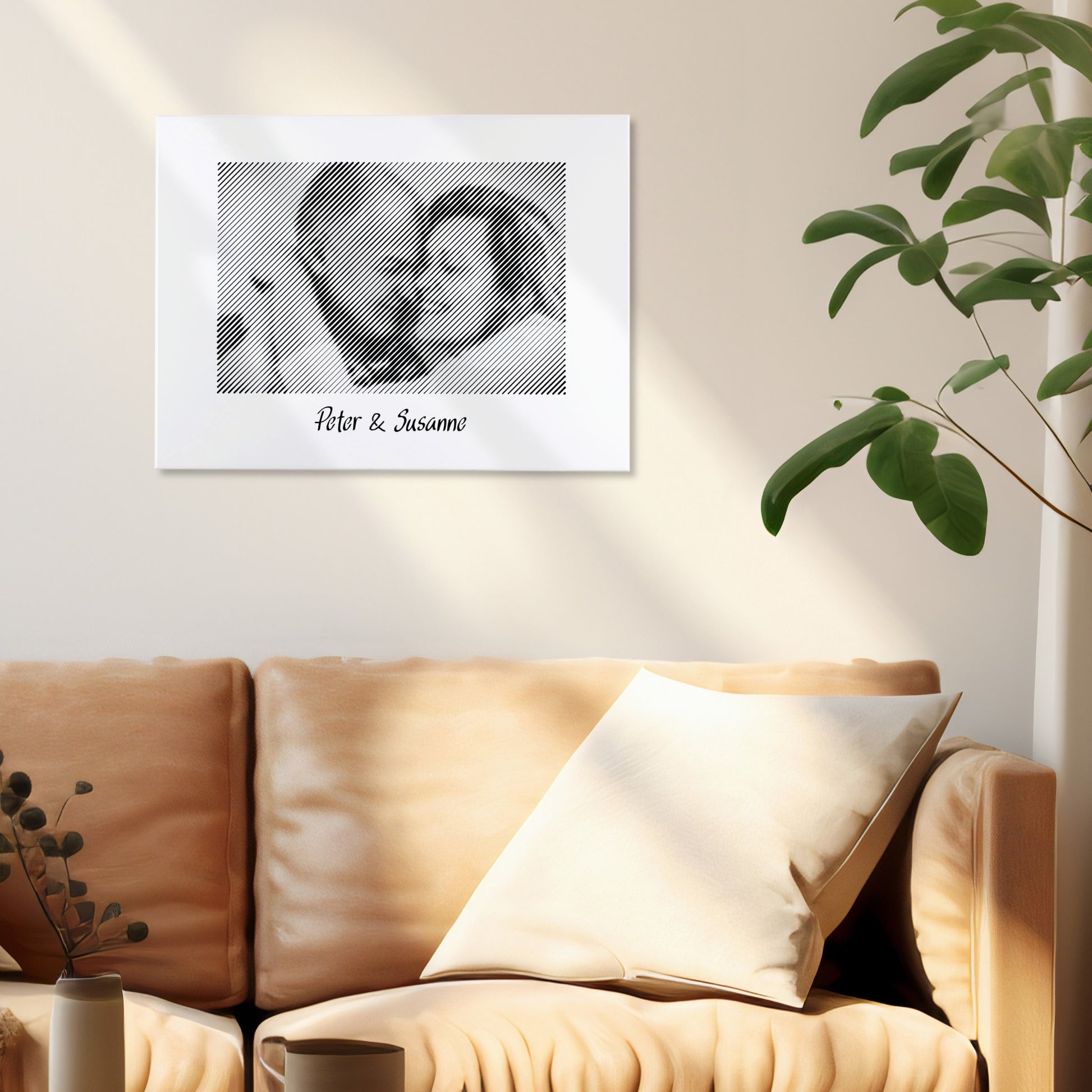 Fotogravur als Wandbild im Wohnzimmer – ein persönliches Fotogeschenk für Paare, das gemeinsame Erinnerungen in stilvoller Form bewahrt.