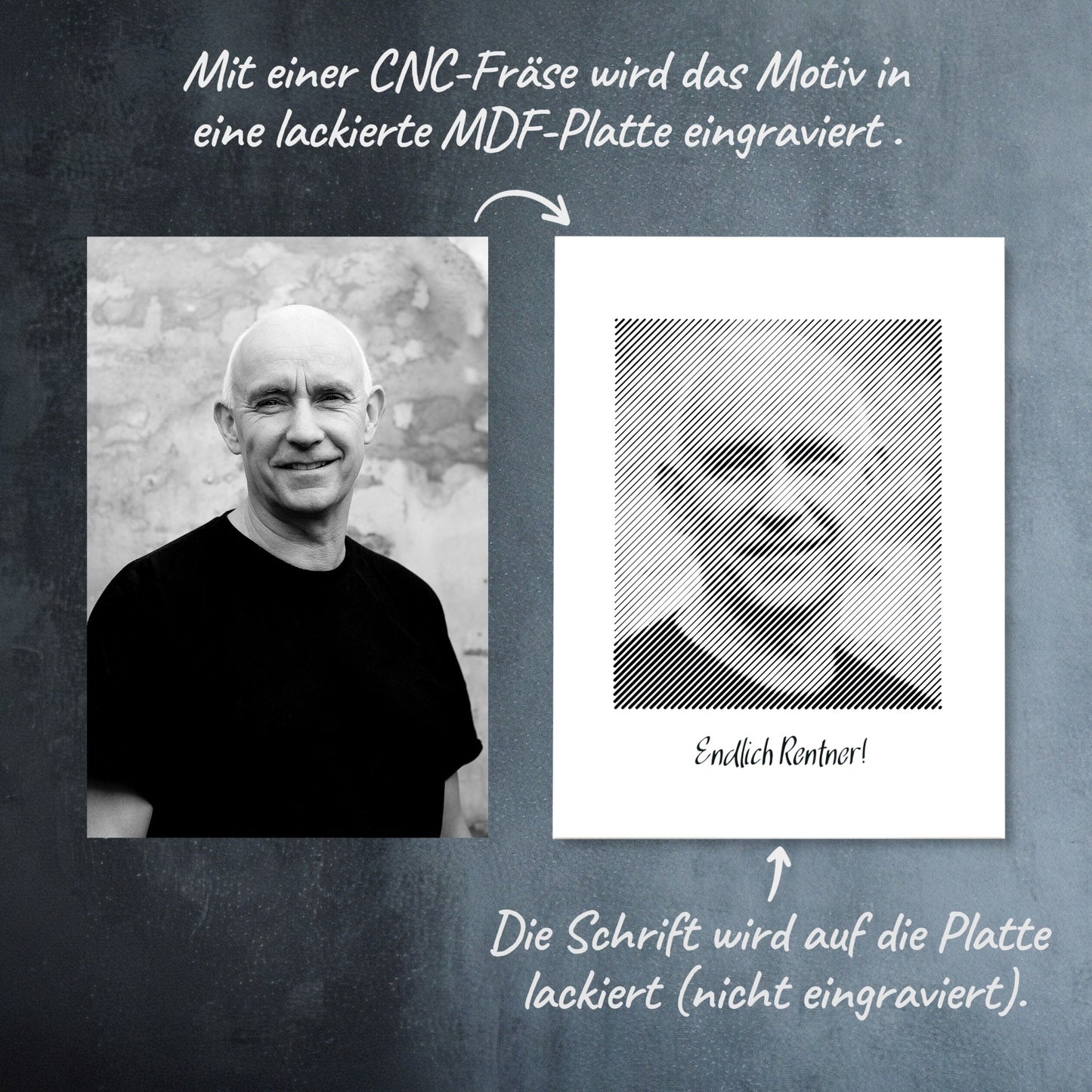 Vorher-Nachher-Vergleich: Wie aus einem Foto ein schwarz-weißes Fotogeschenk zum Ruhestand als Fotogravur wird – ein bleibendes Andenken.