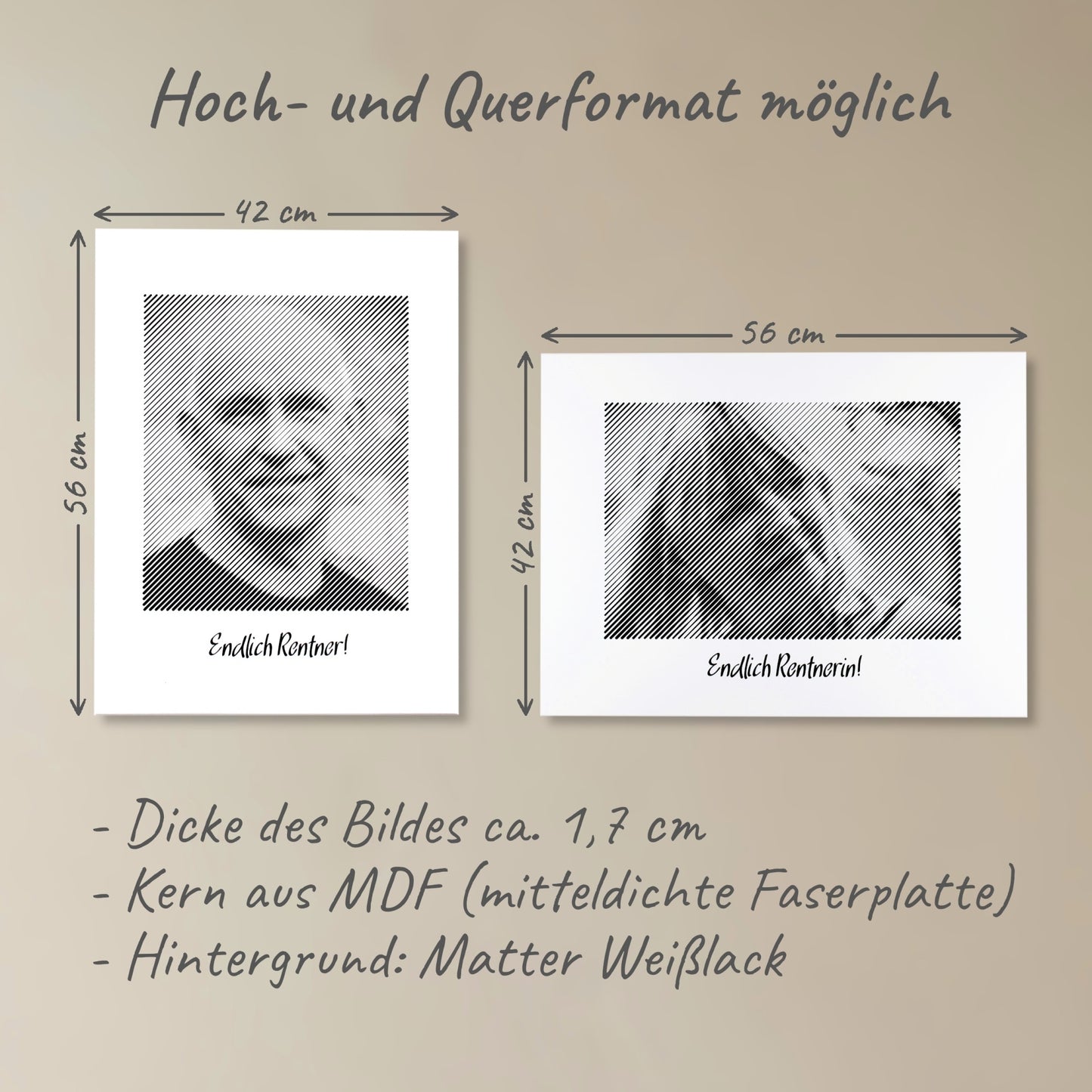 Zwei Fotogravuren: Eine im Hochformat und eine im Querformat – ideale Fotogeschenke zum Ruhestand für besondere Erinnerungen und Momente.