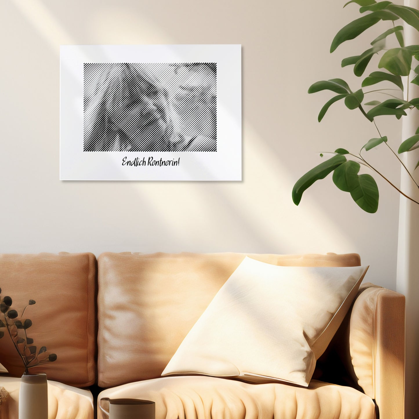 Fotogravur als Wandbild im Wohnzimmer – ein bedeutungsvolles Fotogeschenk zum Ruhestand, das Erinnerungen an besondere Lebensmomente bewahrt.