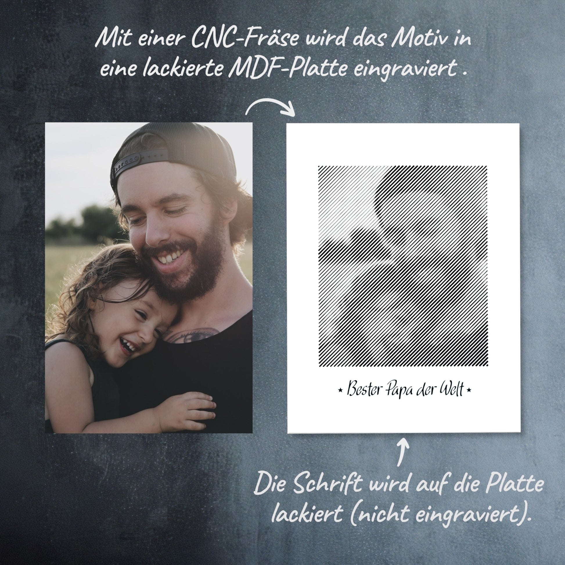 Vorher-Nachher-Vergleich: Wie aus einem Foto ein schwarz-weißes Fotogeschenk zum Vatertag als Fotogravur wird – ein besonderes Andenken.