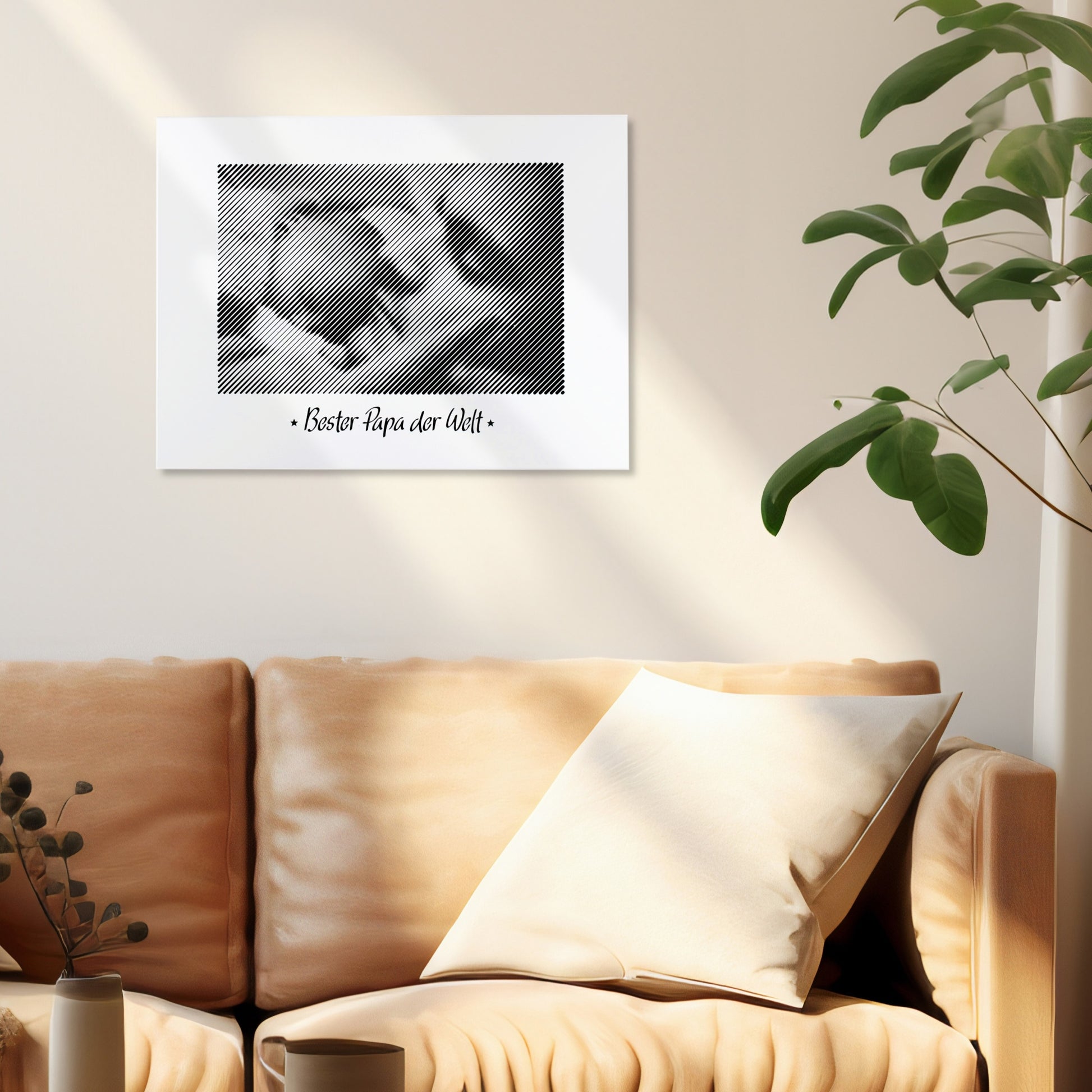 Fotogravur als Wandbild im Wohnzimmer – ein einzigartiges Fotogeschenk zum Vatertag, das besondere Erinnerungen festhält und ehrt.