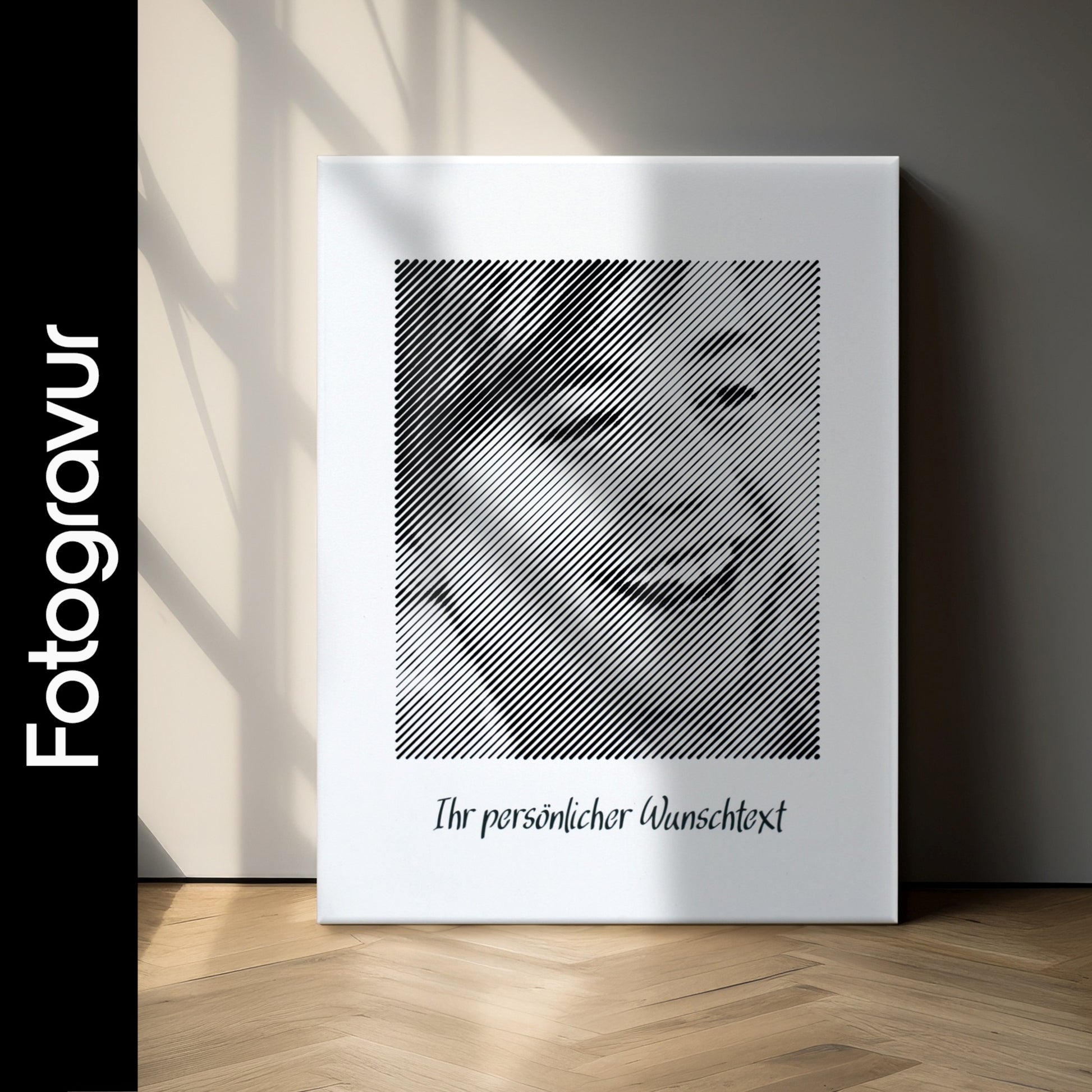 Schwarz-weißes Wandbild im Hochformat, als Fotogravur mit Textuntertitelung – ein personalisiertes Fotogeschenk für besondere Anlässe.