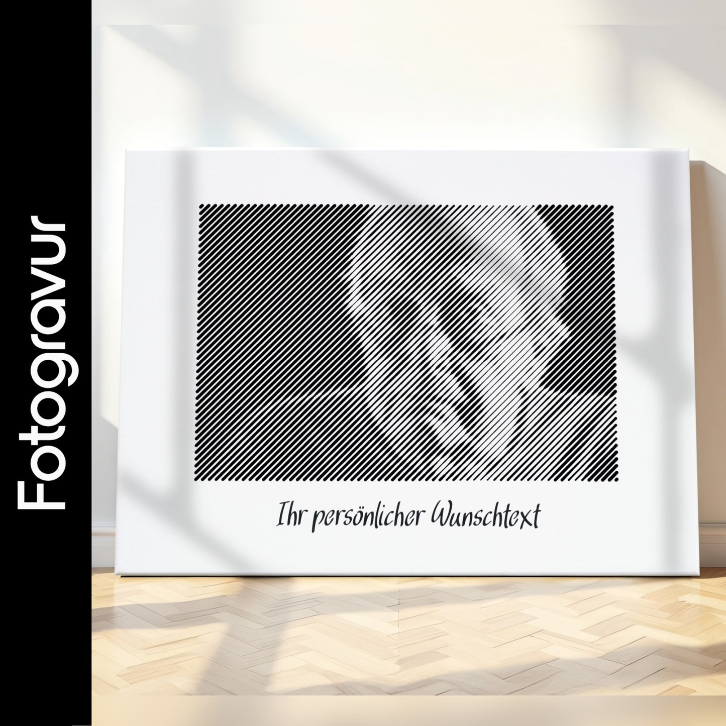 Schwarz-weißes Wandbild im Querformat, als Fotogravur mit Textuntertitelung – ein personalisiertes Fotogeschenk für besondere Anlässe.