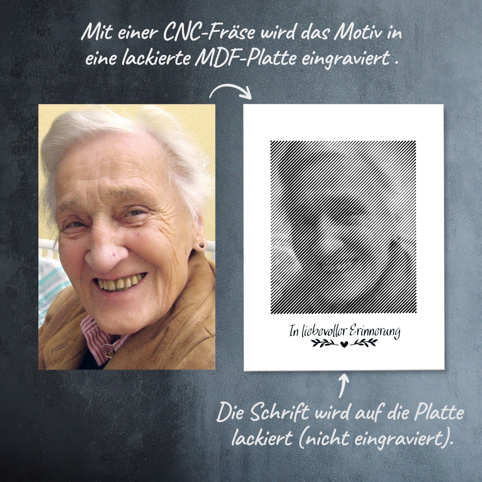 Vorher-Nachher-Vergleich: Wie aus einem Foto ein schwarz-weißes Trauerportrait als Fotogravur wird – ein emotionales Andenken.