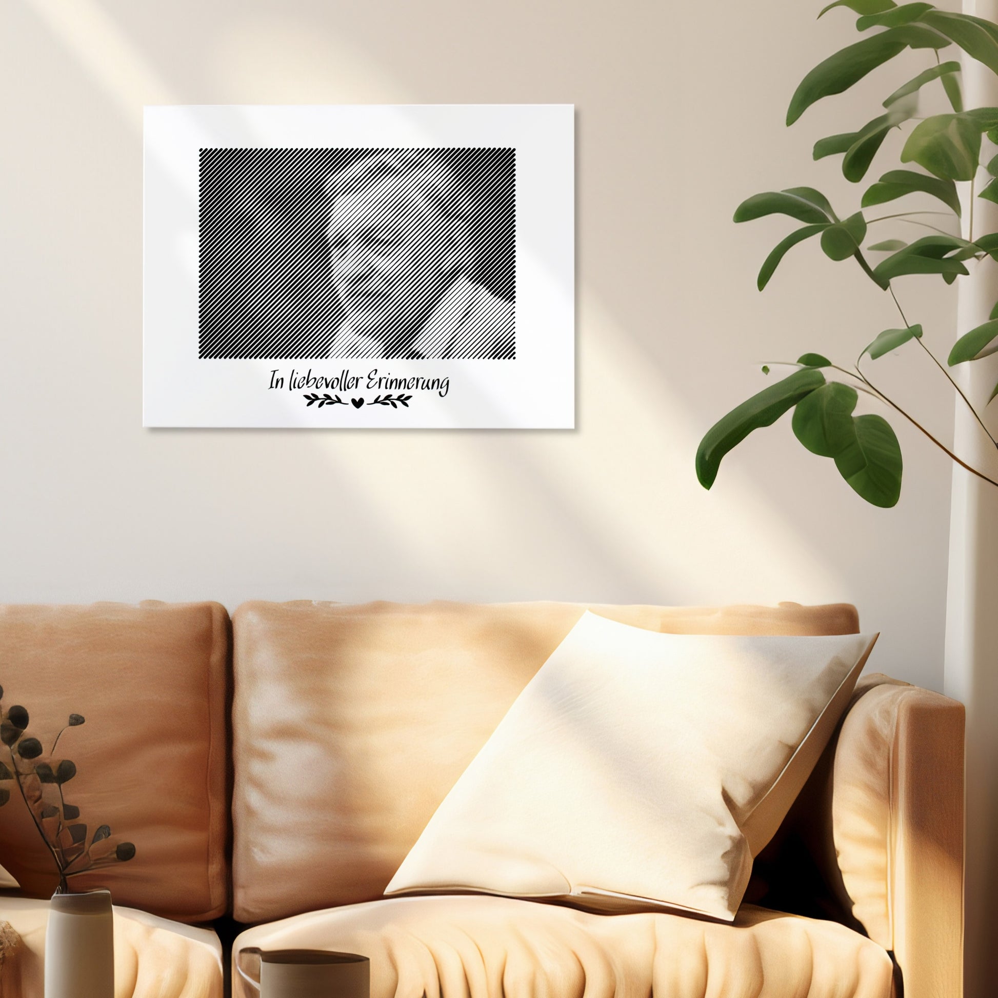 Fotogravur als Wandbild im Wohnzimmer – ein berührendes Trauerportrait, das Erinnerungen ehrt und eine bleibende Wirkung hat.